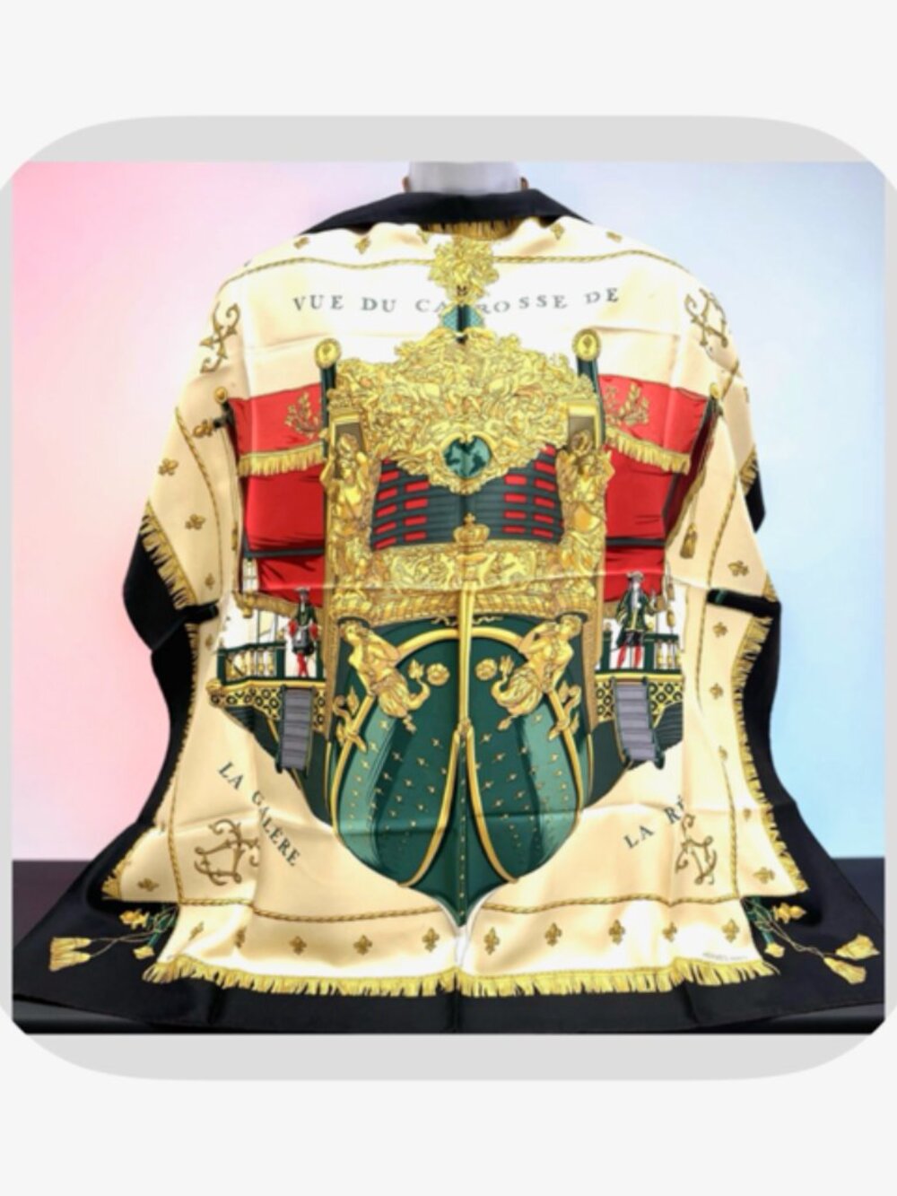 HERMES PARIS VUE DU CAROSSE DE LA GALERE   100%  silk scarf 34"  Ivery Black(34)